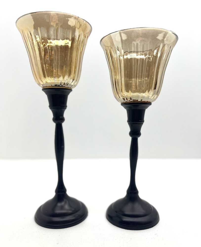 Elegant glass and metal candle holder set of 2