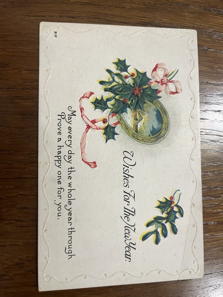 Antique Embossed New Year Postcard Horseshoe Holly Good Luck 1920-image