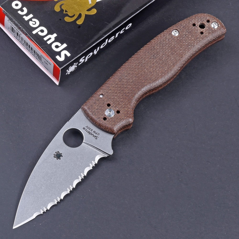 Shaman Brown Micarta Lockback Folding Knife with Full Serrated Blade