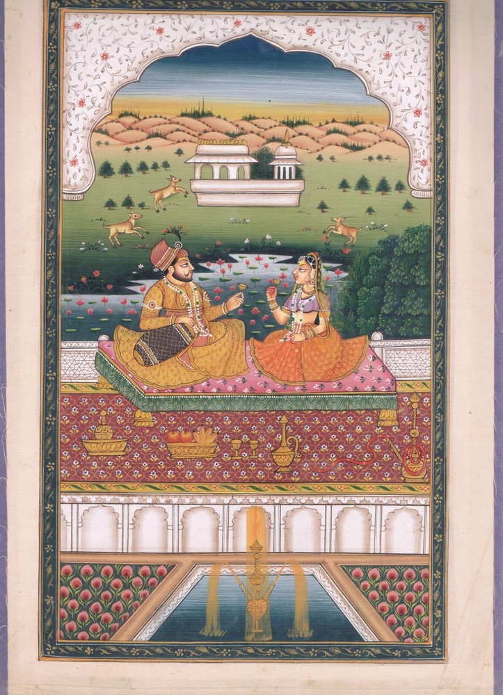 Exquisite Mughal King & Queen Miniature Love Scene Painting 7.5x11.5 Inches