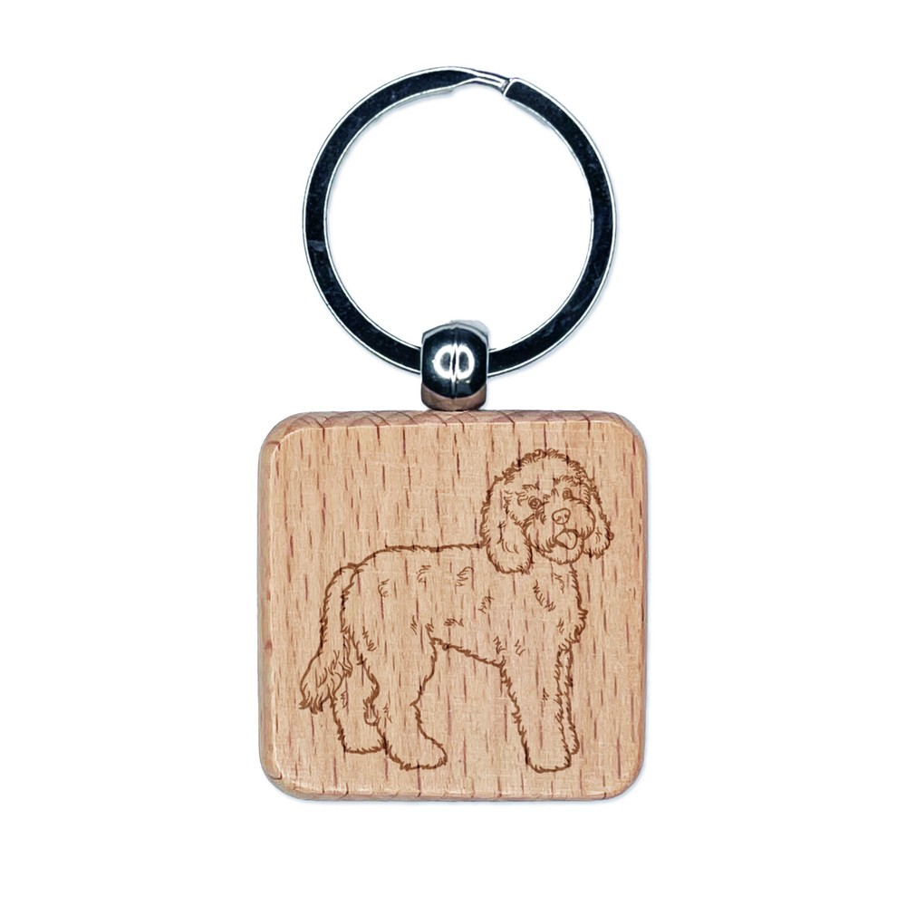 Friendly Labradoodle Pet Dog Engraved Wood Square Keychain Tag Charm