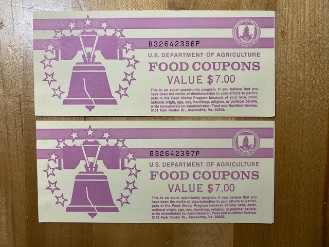 TWO FULL $7.00 Food Stamp Coupon Books Sequential Serial Numbers, Issued in 1992-image