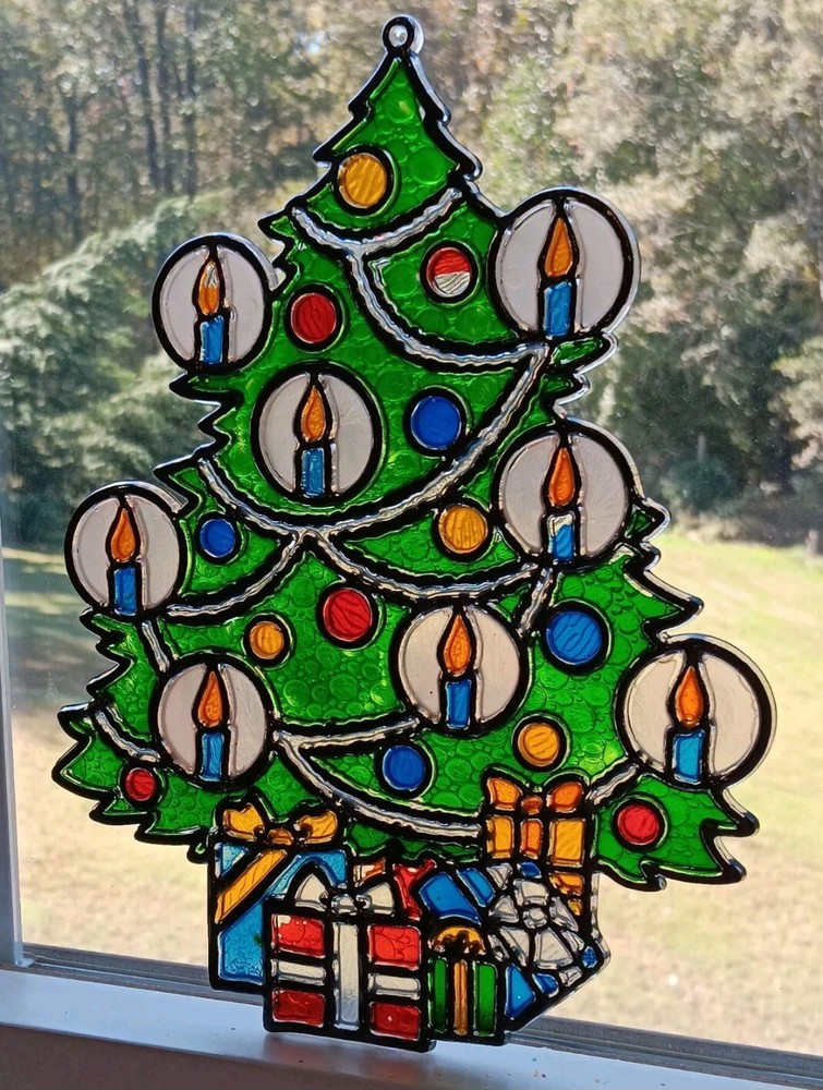 Vintage Christmas Tree Sun Catcher Plastic Stained Glass Look Ornament 6” X 4.5