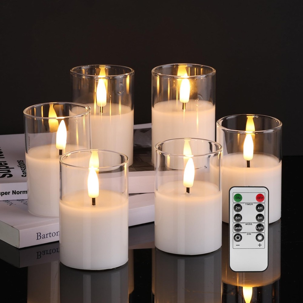 Clear Glass Flameless Votive Candles with Remote Timer and Real Wax Flicker Effect