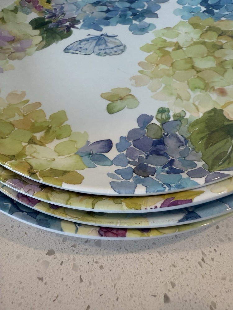 Shabby Chic Blue Butterfly Hydrangea MELAMINE Plate Set Of 5 One Scalloped Edge