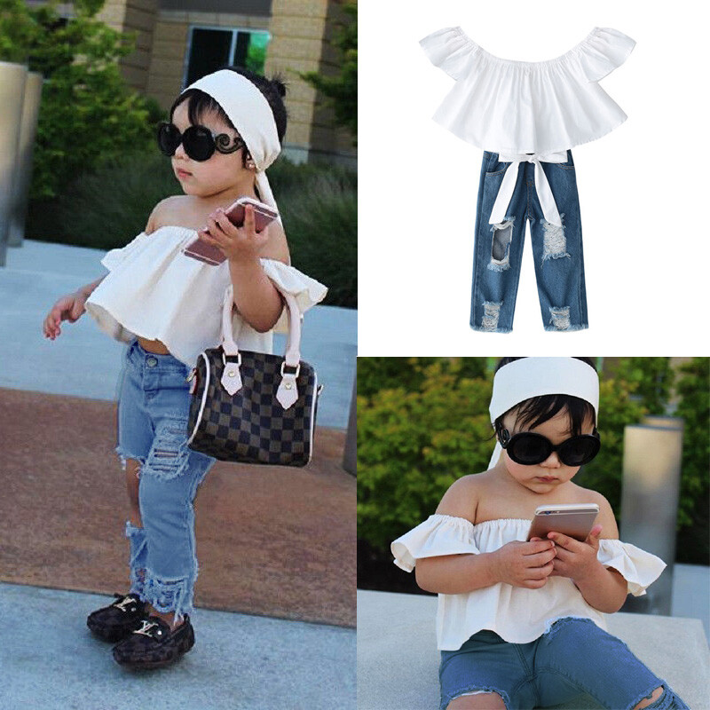 Toddler Baby Girl Ruffle Short Sleeve Tops Demin Jean Pants Clothes Outfits Set
