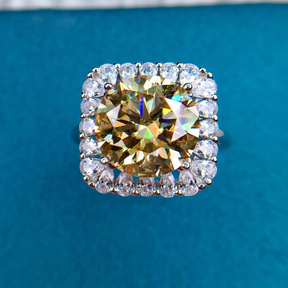 5 Carat Round Moissanite Yellow Square Halo Ring in 10K Rose Gold