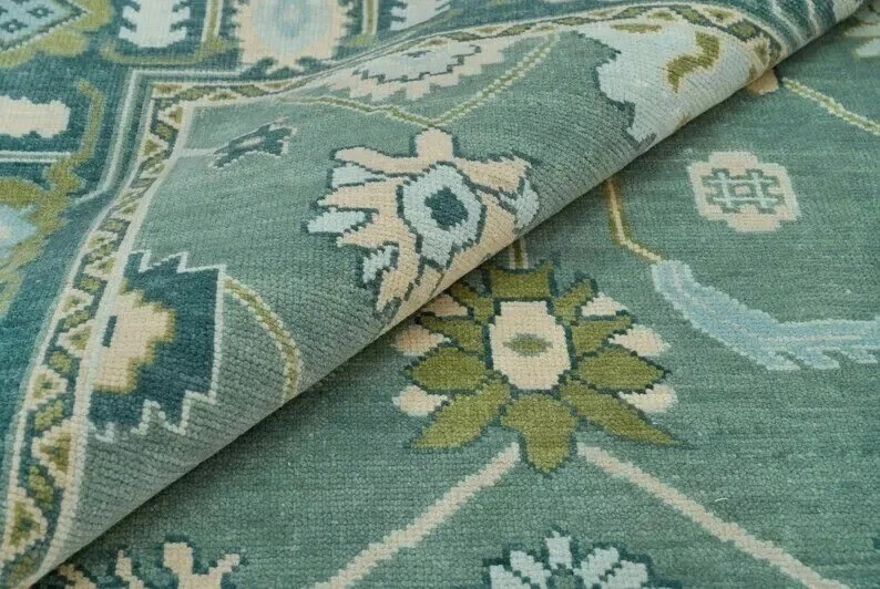 Hand-Knotted Green Oushak Wool Area Rug in 4x6 to 12x15 Sizes