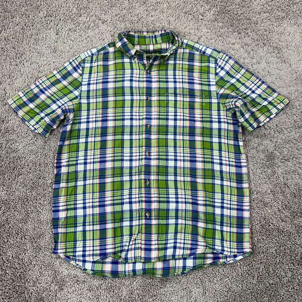 Eddie Bauer Mens Medium Green Blue Plaid Shirt for Hiking Fishing Camping Outdoor Adventures