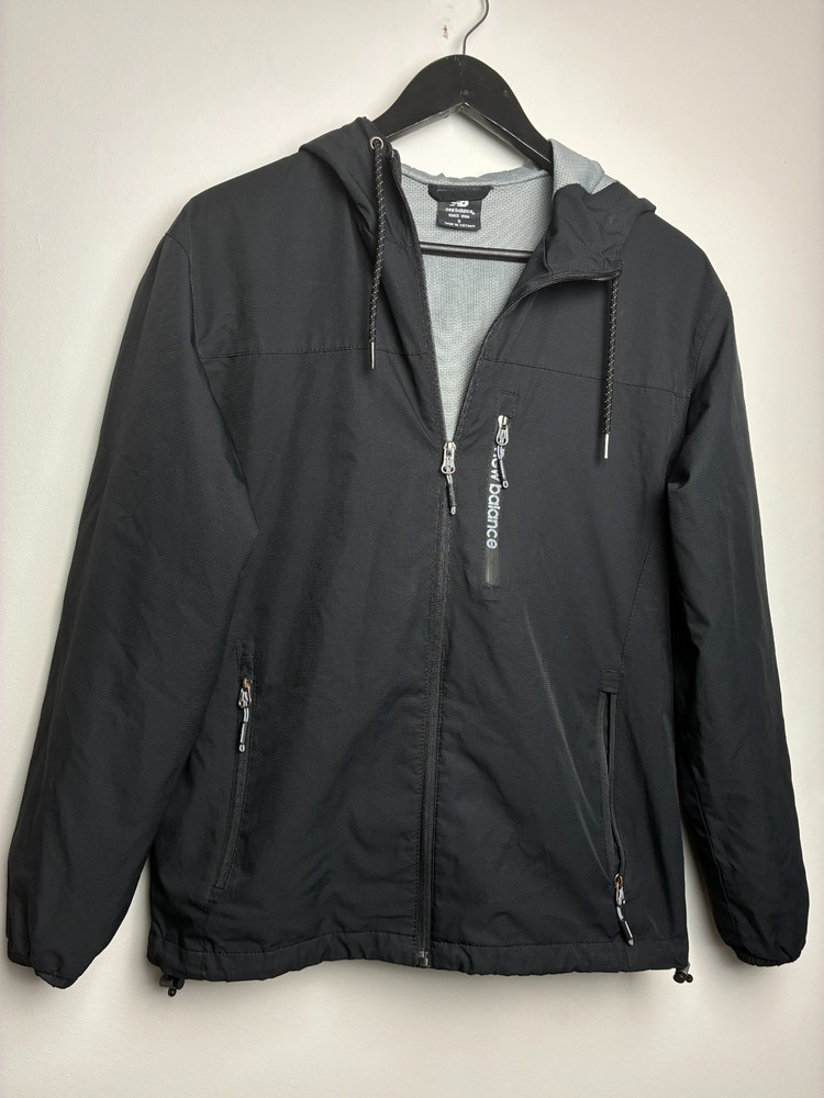 New Balance Mens Small Lightweight Jacket Black Hooded Full Zip Windbreaker