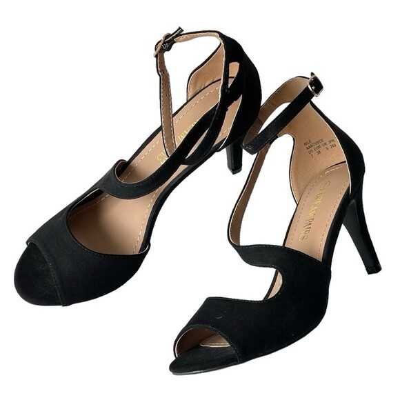 Dream Pairs Black Suede Strappy Heels for Formal Bridal Prom Dresses, Size 7