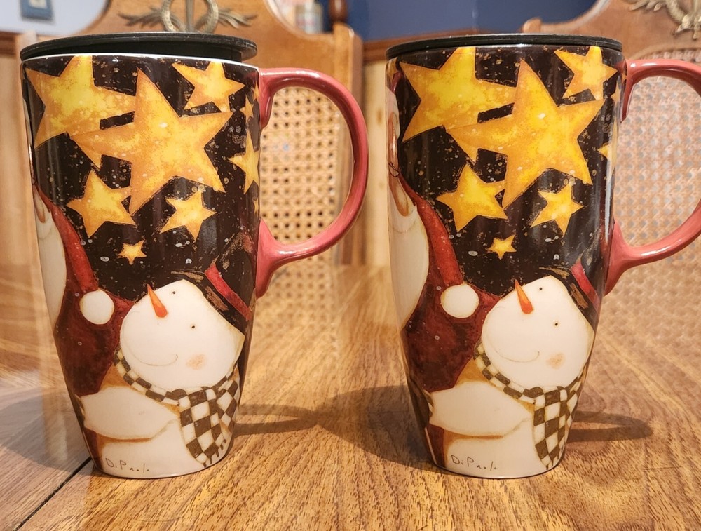 2 Ceramic Travel Mugs for Coffee or Tea Sealed Lid 17 oz Santa Claus Xmas