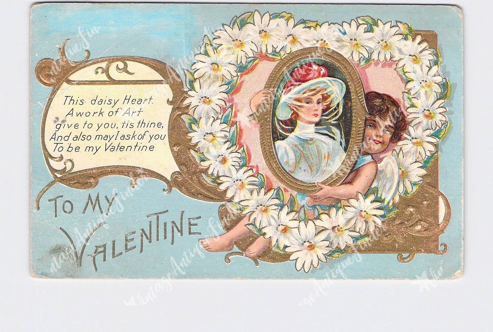 Holiday Postcard Valentine Show Girl In Purple Dress Holding Hearts On Chain Em