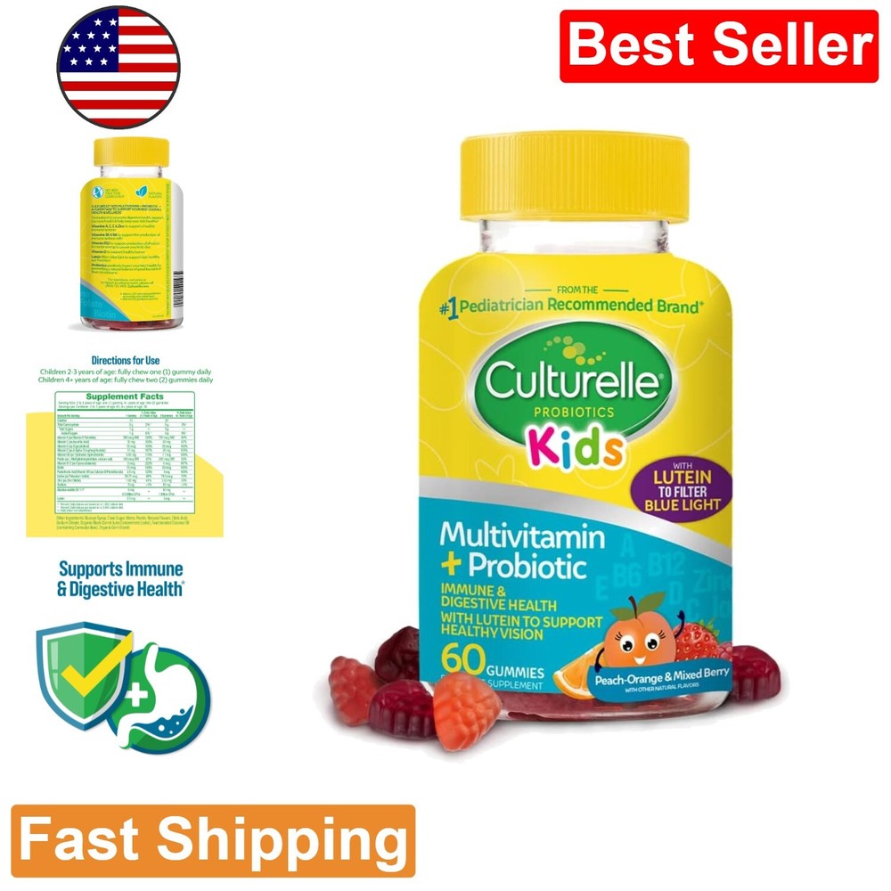 Kids Probiotic Gummies - Digestive & Immune Support with Lutein - Peach-Orang...