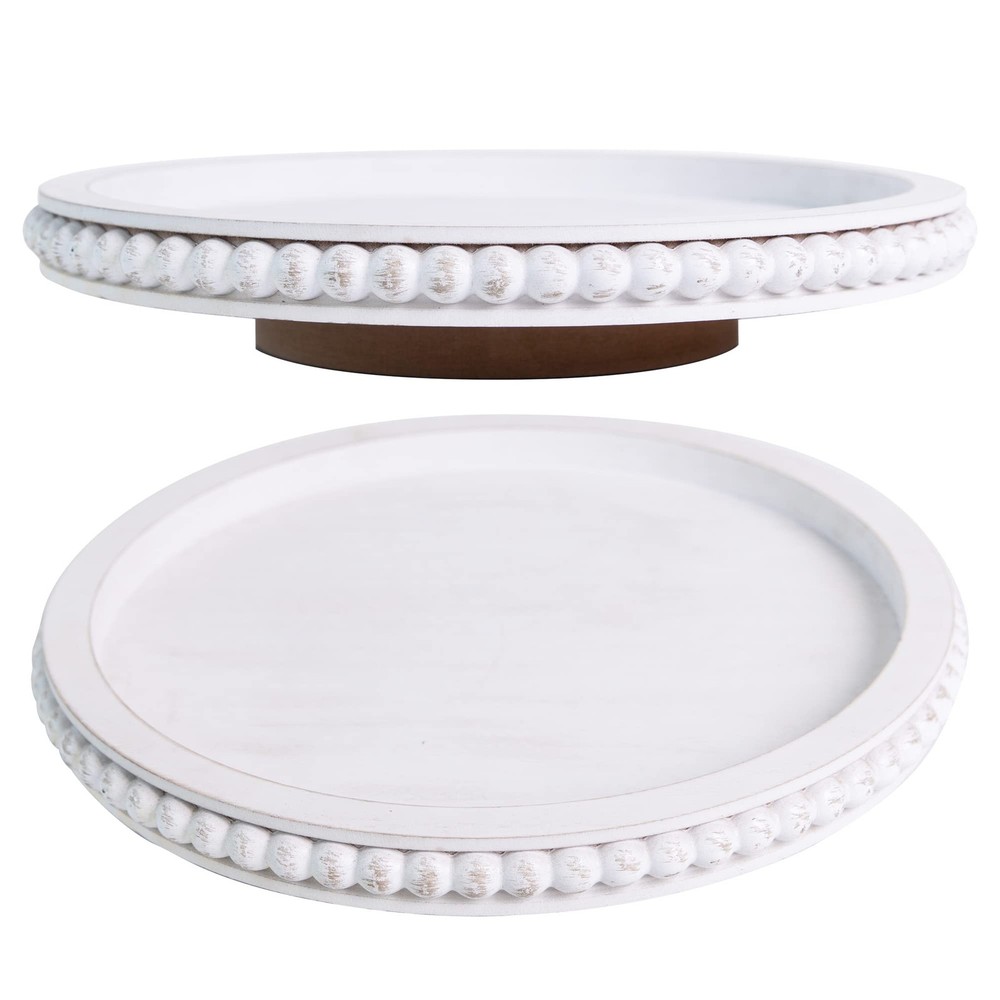 HPC Decor 12 Inch Wooden Beaded Lazy Susan Organizer for Farmhouse Style Tables Kitchen Countertop