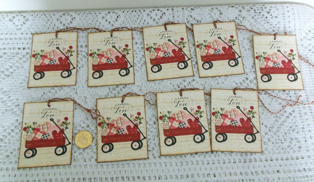 9 Valentine Primitive Farmhouse Wagon Linen Cardstock Gift Hang Tags  -image