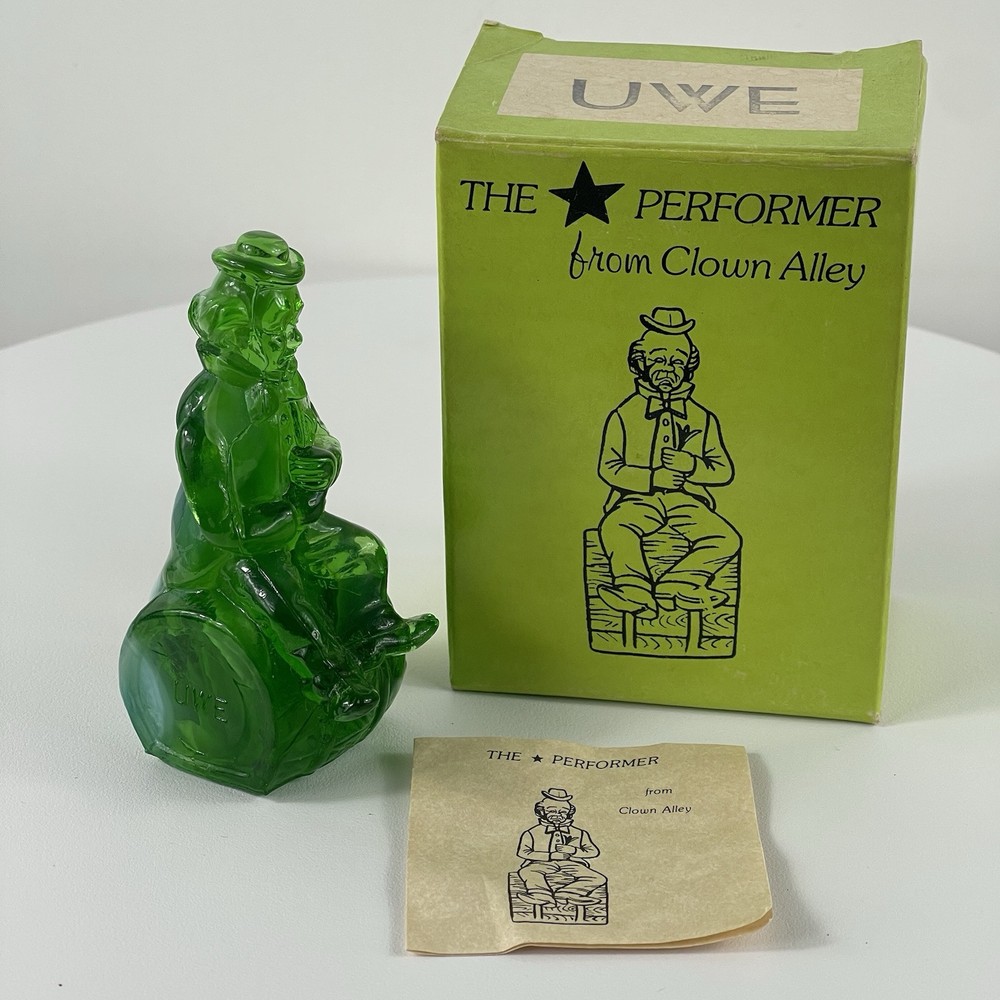 Vintage 1982 Mosser The Performer Clown UWE Green Milk Glass Collectible with Original Box