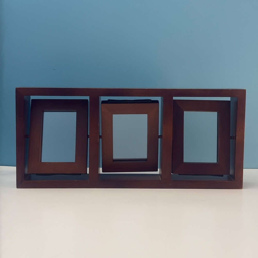 Vintage Double-Sided Wooden Triangle Photo Frame Holds 3 2x3 Inch Pictures