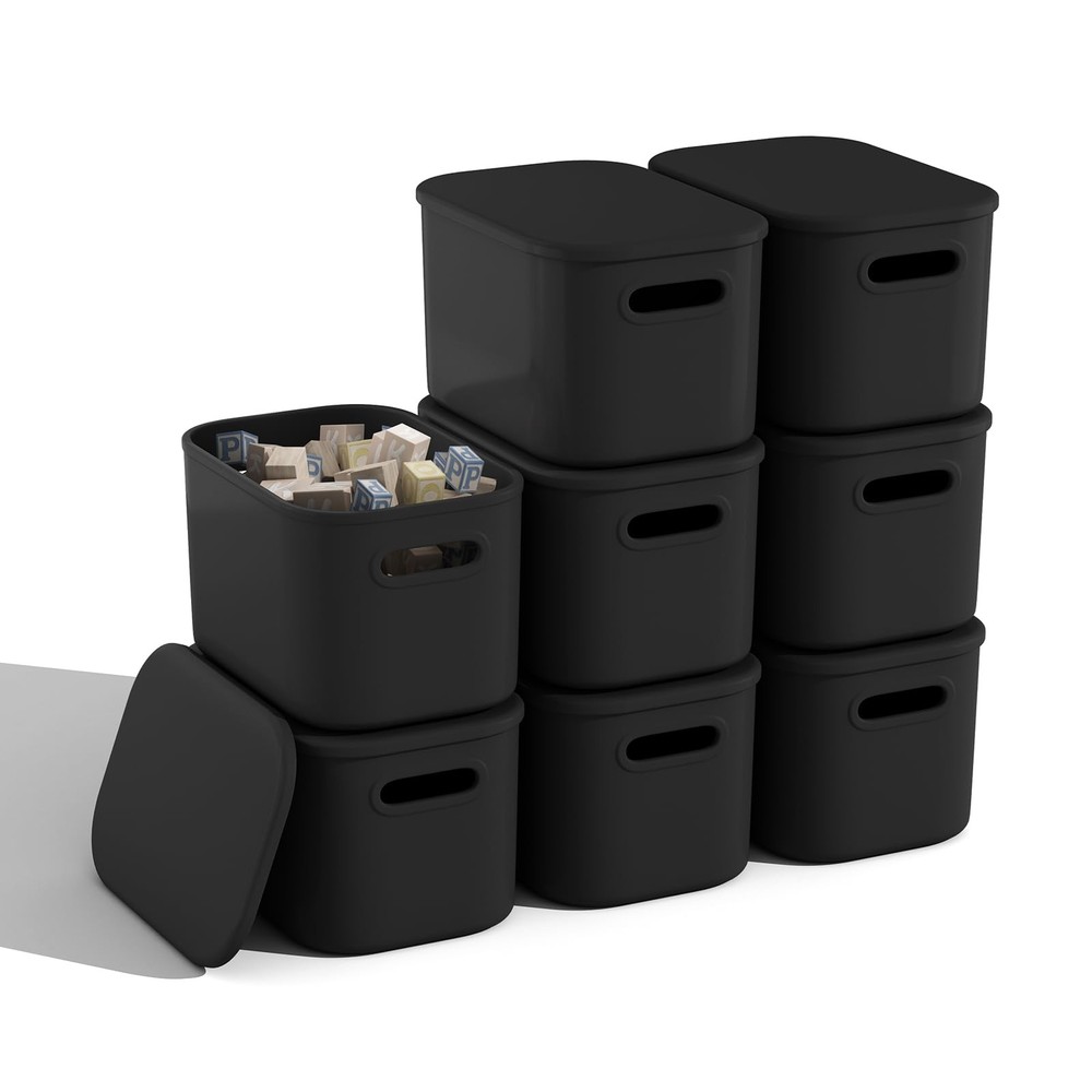 8-Pack Black Plastic Storage Bins with Lids for Shelves Organization