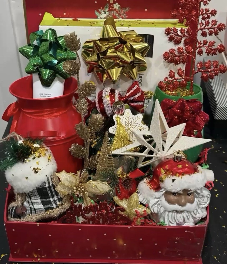 Mary Kay Christmas Gift Basket with Cosmetics, Festive Mug & Ornaments