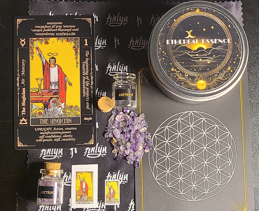 Ethereal Essence Candle- 7 Oz. Egyptian Amber, Soy Wax, Crystals, Gems, Tarot