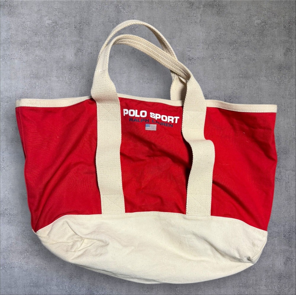 Vintage 90s Polo Sport Ralph Lauren Canvas Tote Bag Navy Red USA Flag