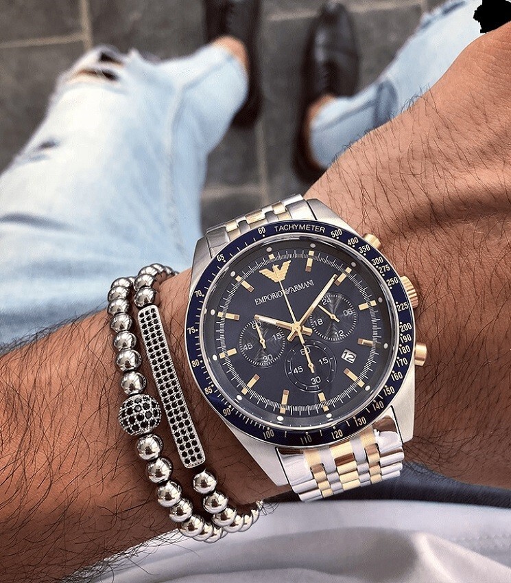 GENUINE EMPORIO ARMANI MENS WATCH STEEL  SILVER STRAP & BLUE DIAL AR8030 TAZIO