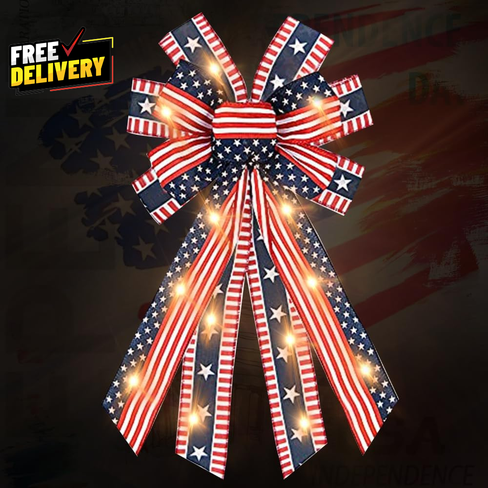 Large LED Patriotic Wreath Bow for Front Door Veterans Day Red Blue White Stars