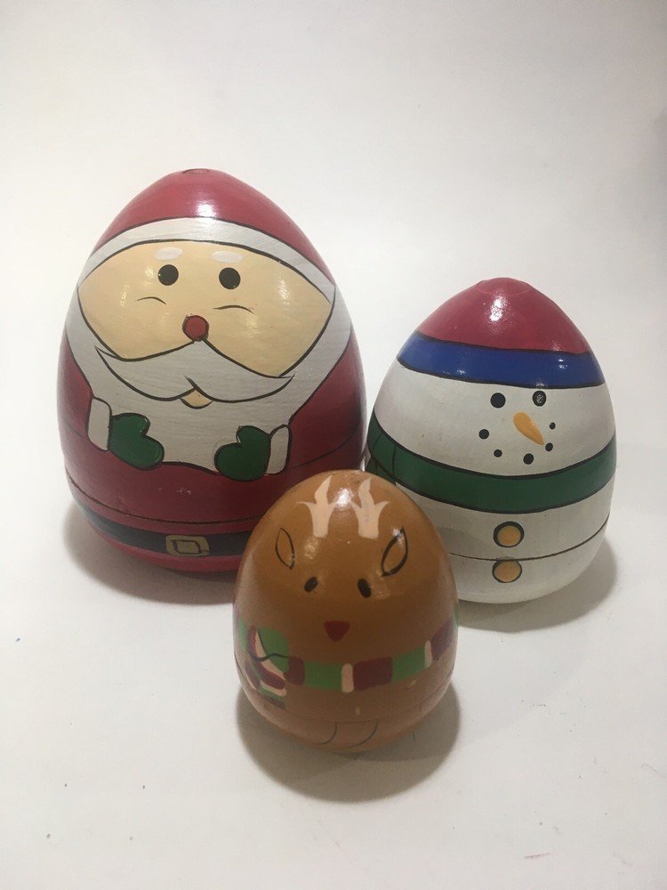 Christmas Santa Nesting Dolls Snowman raindeer set Of 3 Vintage Hand Painted
