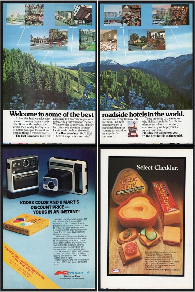 1977 Holiday Inn Best Roadside Hotels / Kodak KMart/ Cracker Barrel Print Ad 2Pg