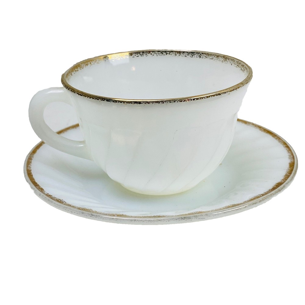 Vintage Fire-King Milk Glass Tea Cup & Saucer with Gold Trim