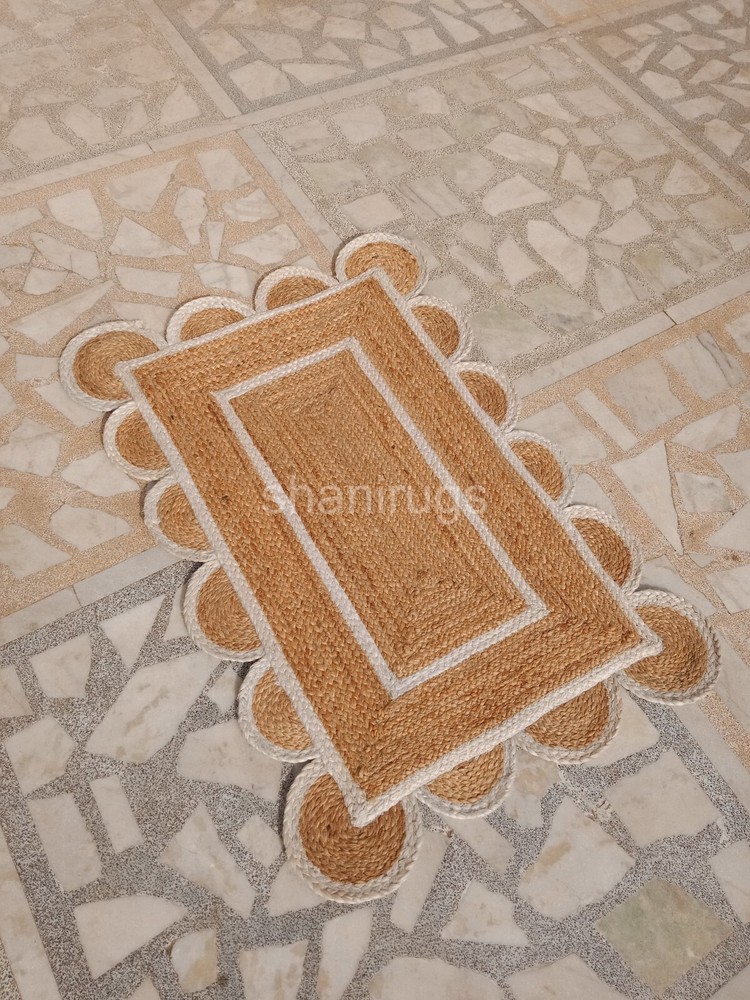 Scalloped Natural Jute Rug Braided Jute mat | Kitchen Rug Bath mat  Scallop Edge