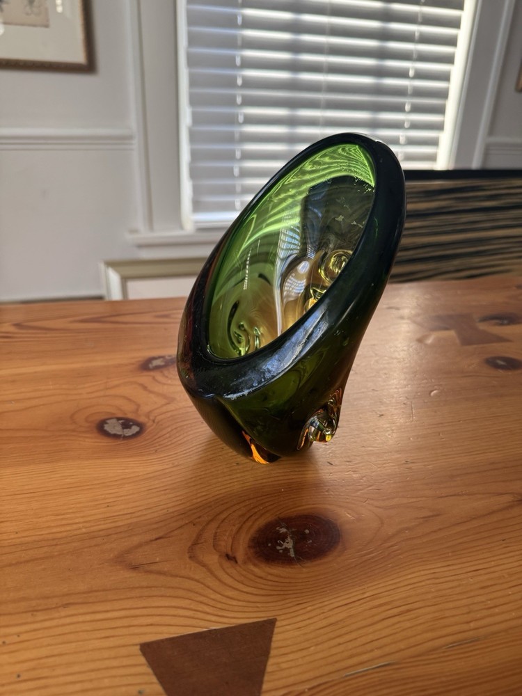 Vintage Mid Century Modern Freeform Art Glass Vase Olive Green Hand Blown