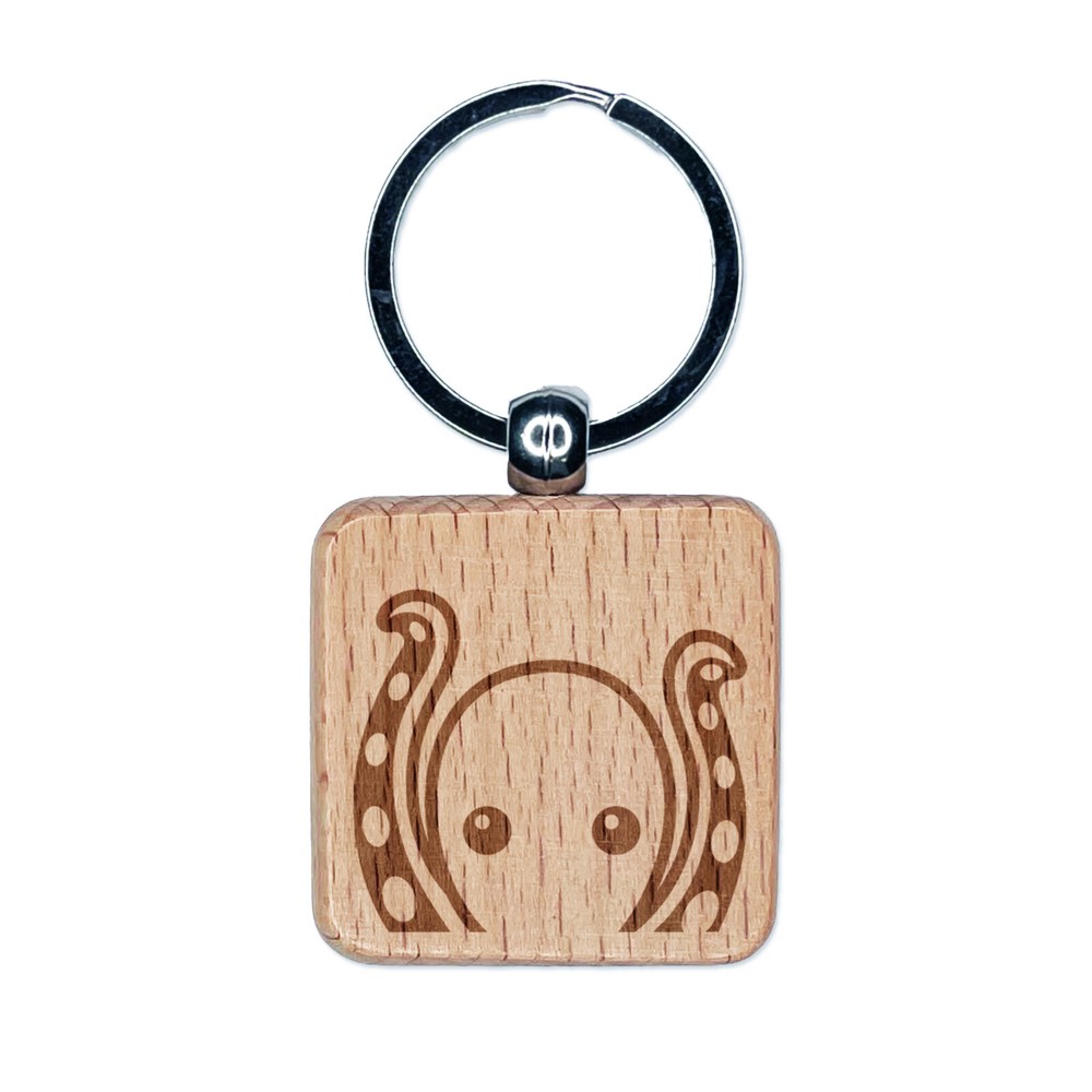 Peeking Octopus Engraved Wood Square Keychain Tag Charm