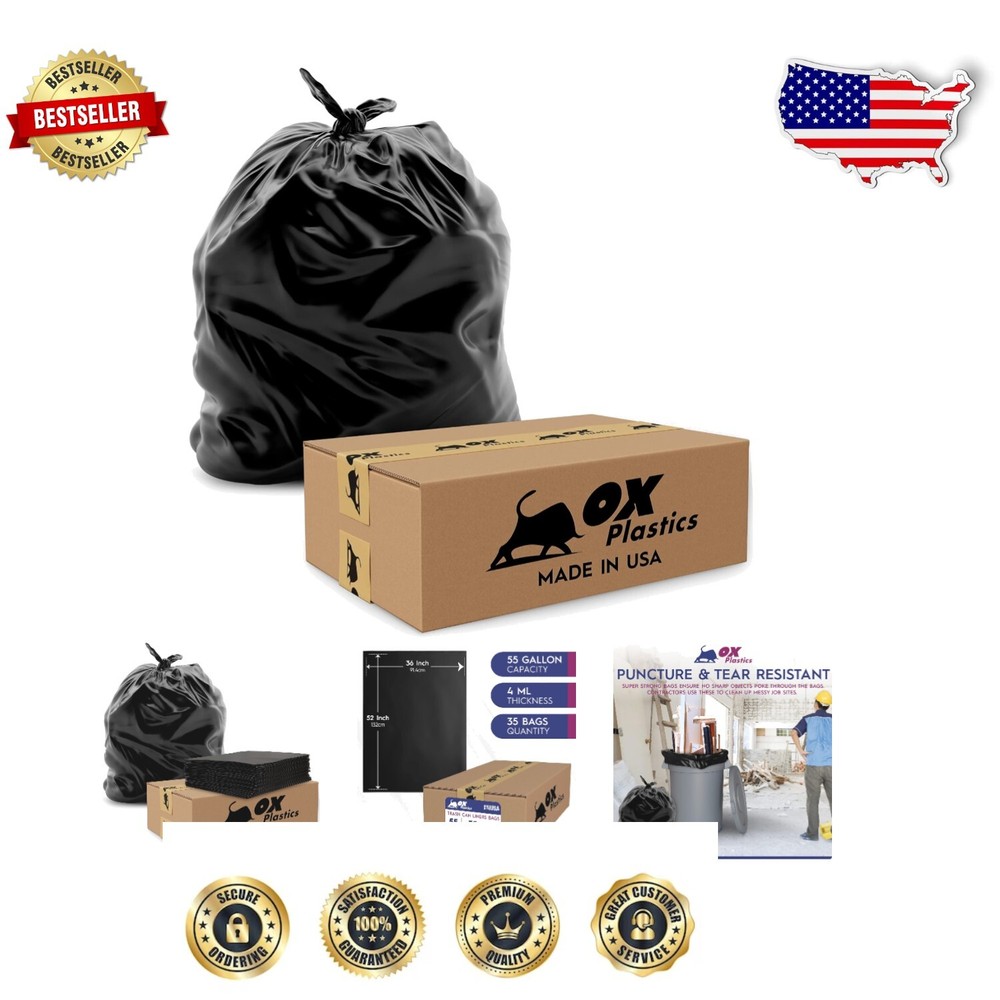 Puncture-Resistant 35 Count 55 Gallon Garbage Bags - Extra Heavy Duty Solution