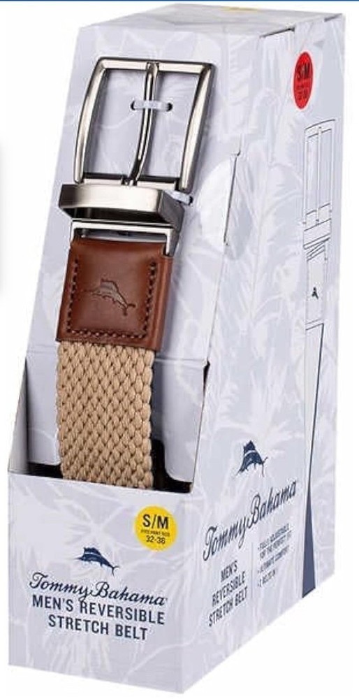 Tommy Bahama Braided Stretch Belt Reversible Khaki/Navy Mens Size 32-36 S M NEW