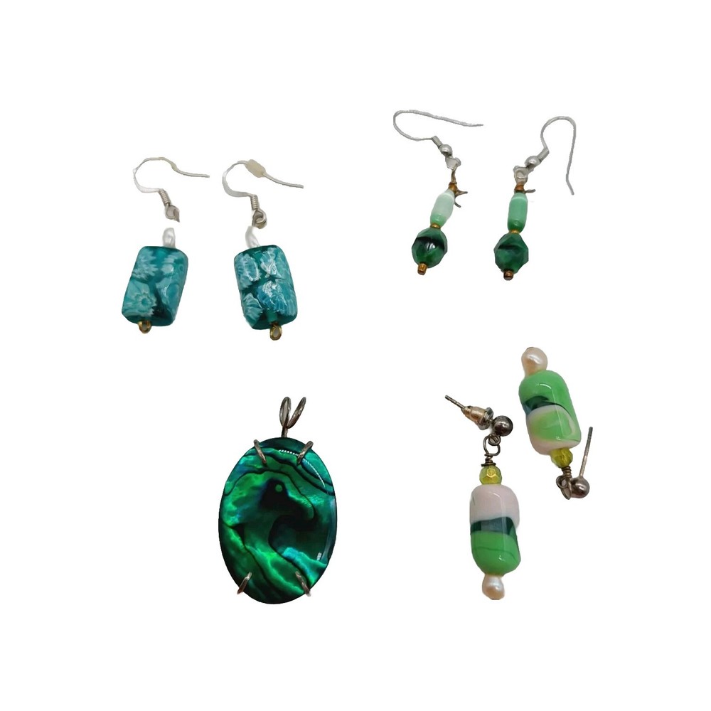 Abalone Shell Pendant Blue Green Dangle Floral Earings Lot Of 4 Plastic Acrylic
