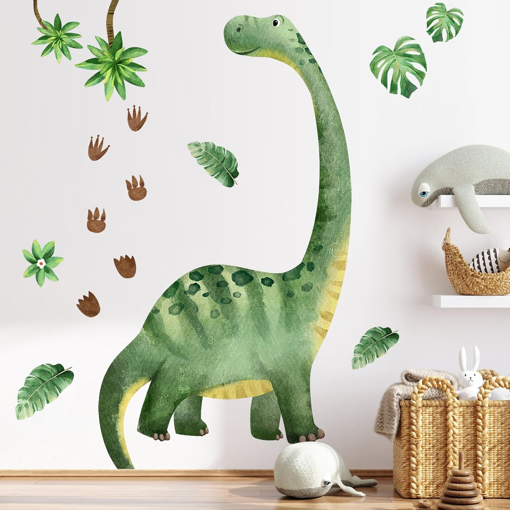 Dinosaur Wall Decals for Boys Room Green Dino Wall Stickers with Footprints Trop