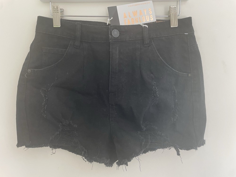 Almost Famous Women's Solid Black Distressed Super High Rise Denim Shorts Sz 9
