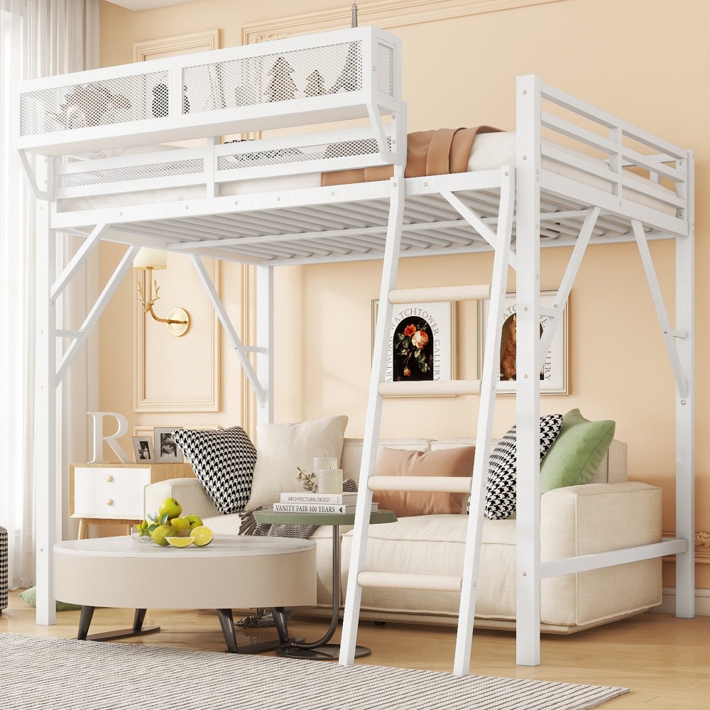 Queen Size Loft Bed Ladder Metal Queen Loft Bed W Storage Shelves High Loft Bed