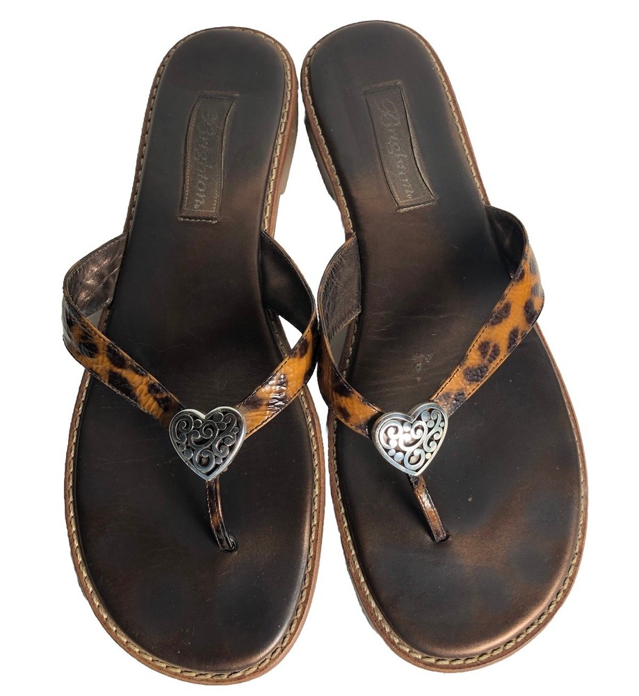 Vtg Y2K Brighton Orla 2 Flip Flop Sandals Leopard Print Heart Shoes Brazil 10M