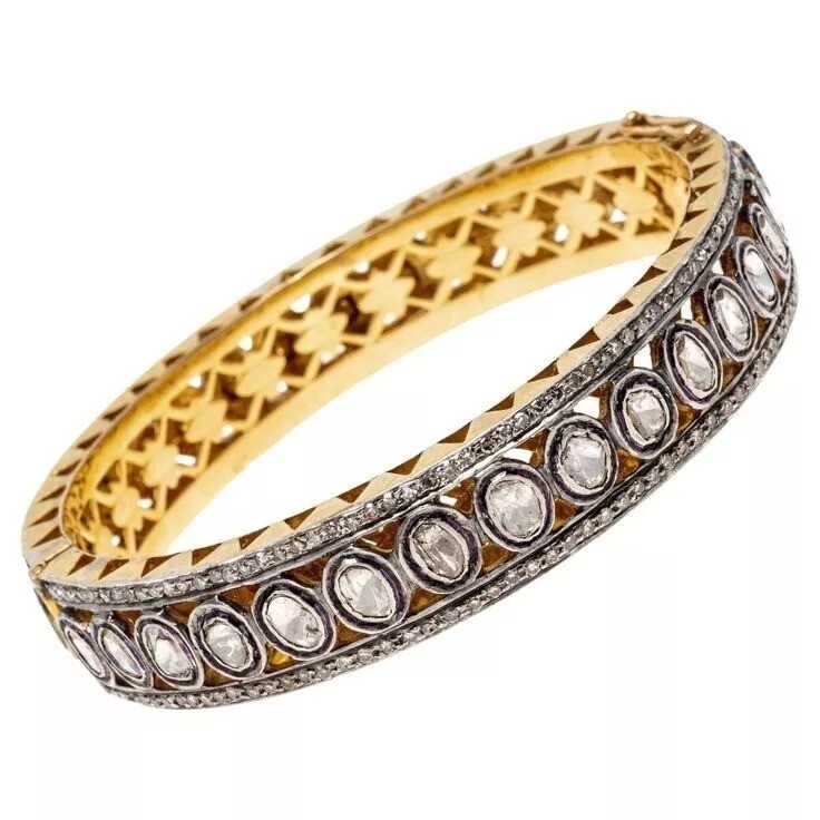 Natural Rosecut Diamond Polki 925 Sterling Silver Wedding Bangle Jewelry