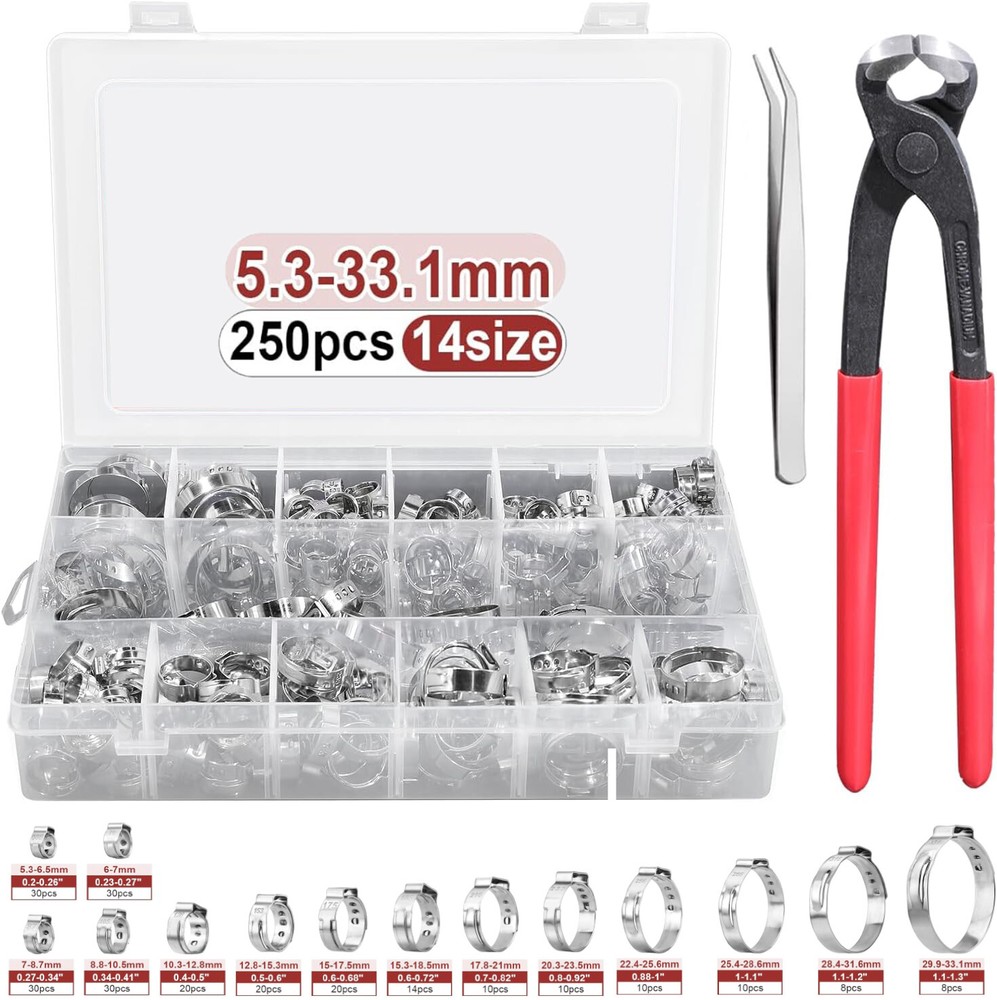 250PCS Single Ear Stepless Hose Clamps 304 Stainless Steel Ear Hose Clamps Plier