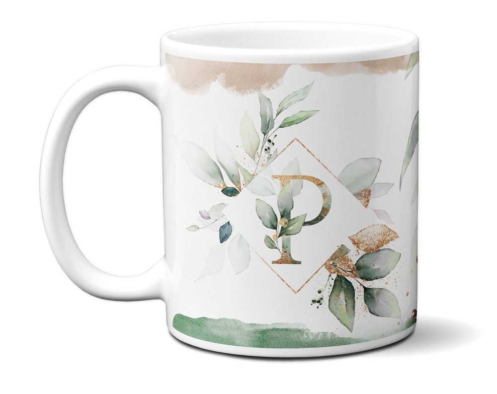 Leafy Monogram Initial Mug Custom Alphabet Cup for Birthdays & Gifts