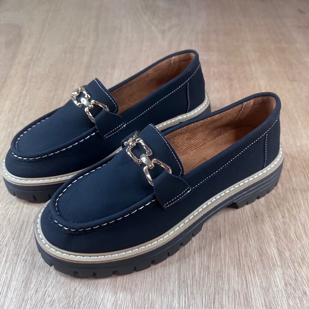 Serra Womens Chunky Loafers Size 9 Black Lug Sole Chain Detail Preppy
