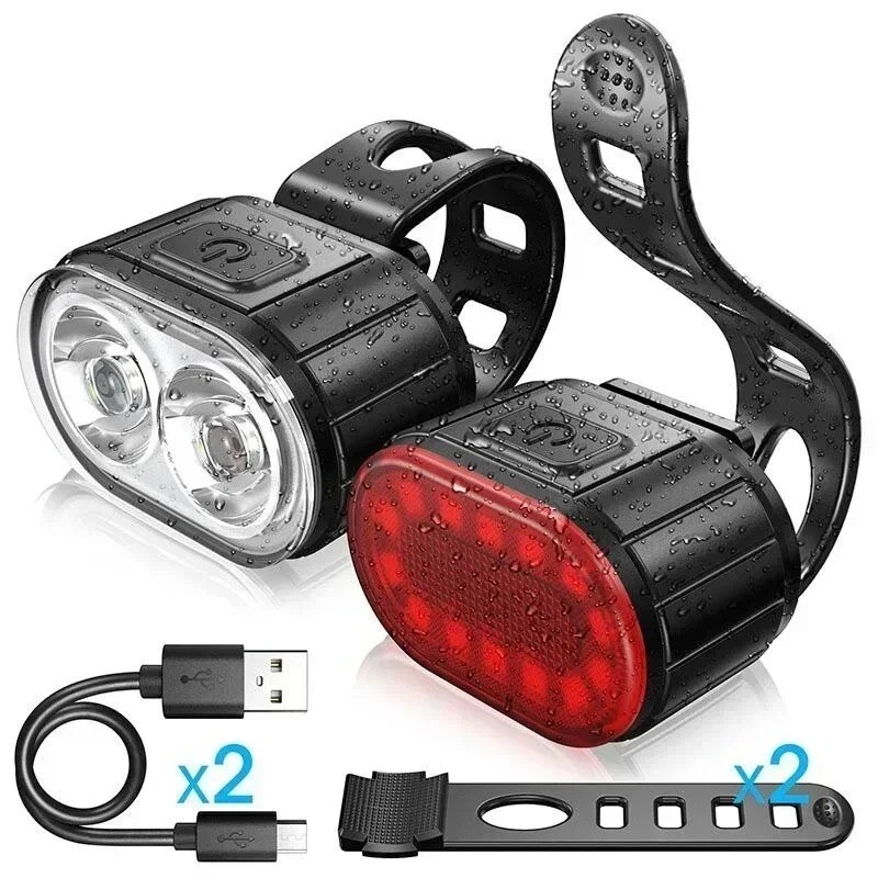 Rechargeable Waterproof Bike Light Set with USB Front Headlight and Rear Lamp