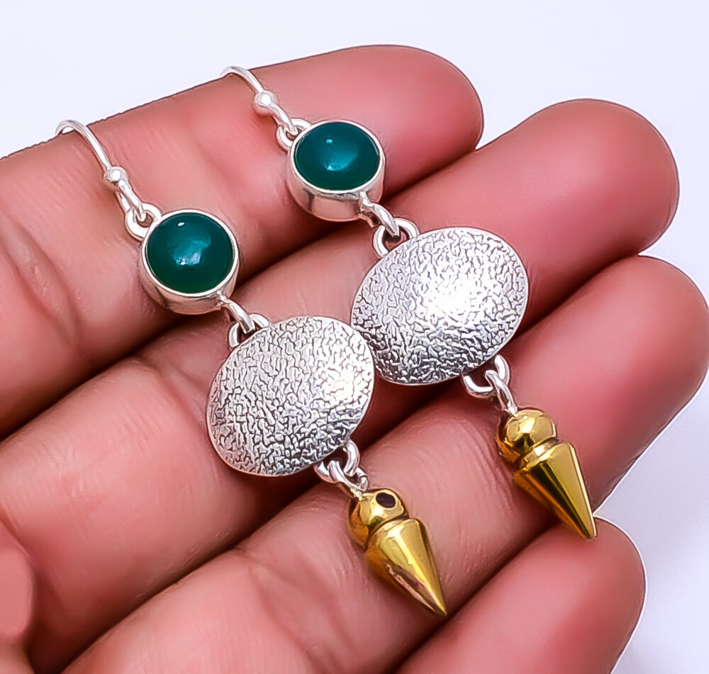 Green Onyx 925 Sterling Silver Two Tone Arrow Head Earring 2.34