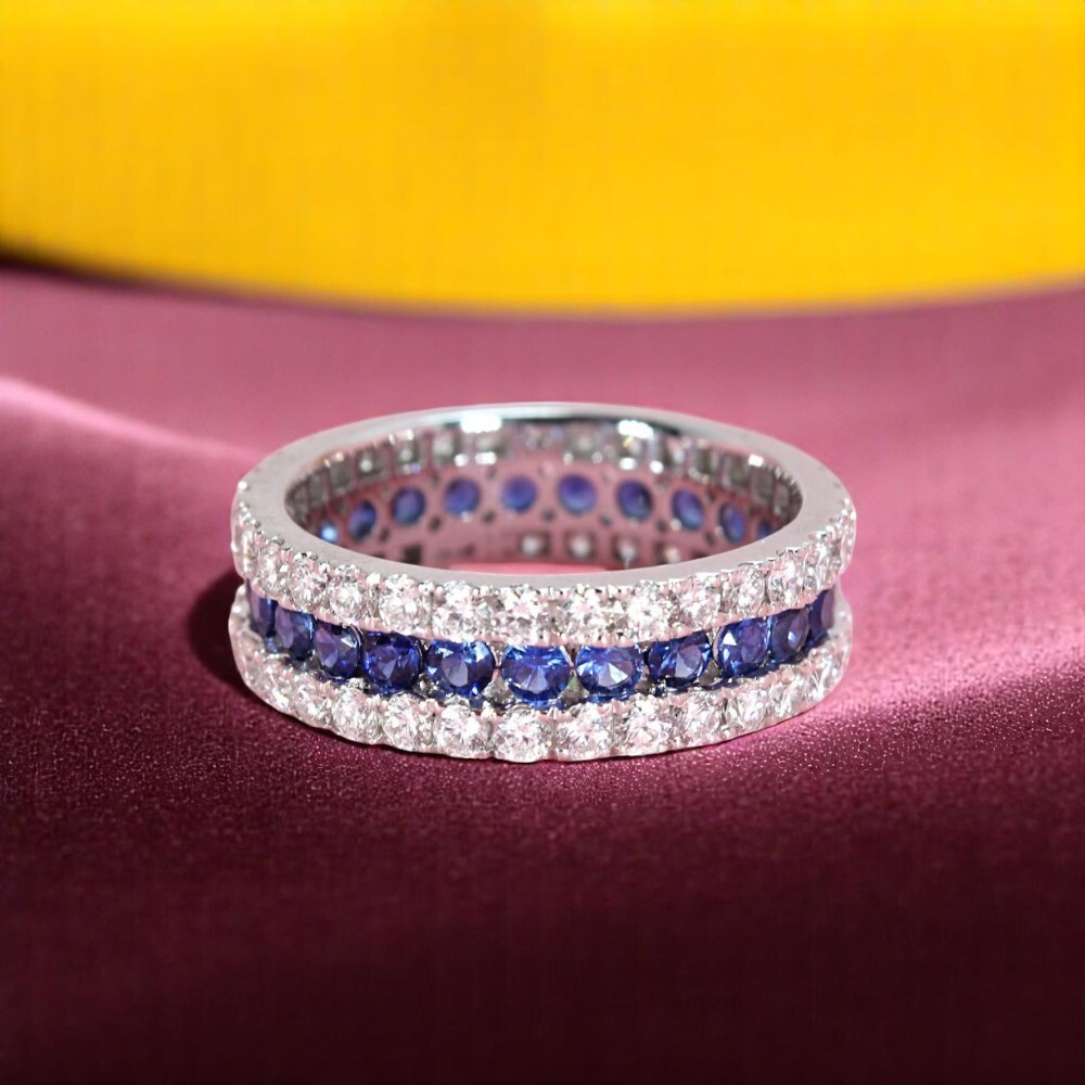 Platinum Natural Diamond Eternity Band 3.43 Ct Lab Grown Blue Sapphire Size 8
