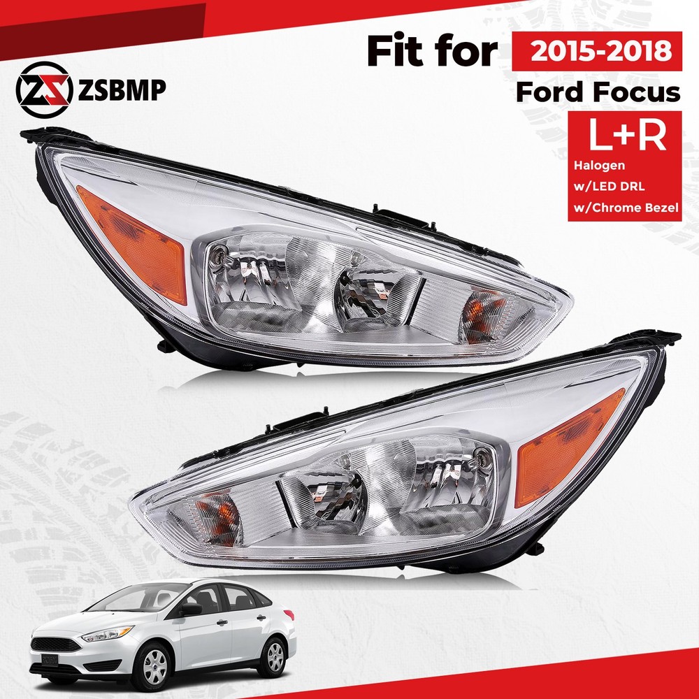 Halogen Headlight For 2015-2018 Ford Focus Chrome Left+Right Pair F1EZ13008GT