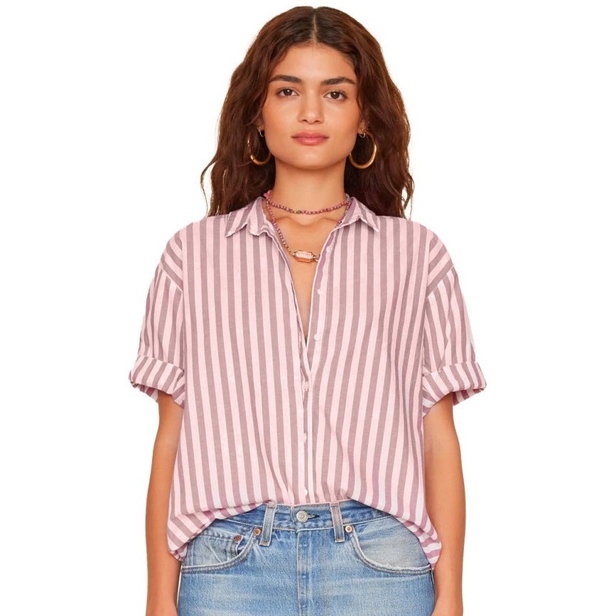 Xirena Channing Shirt Pink Cream Stripe Button Down Blouse Short Sleeve Small